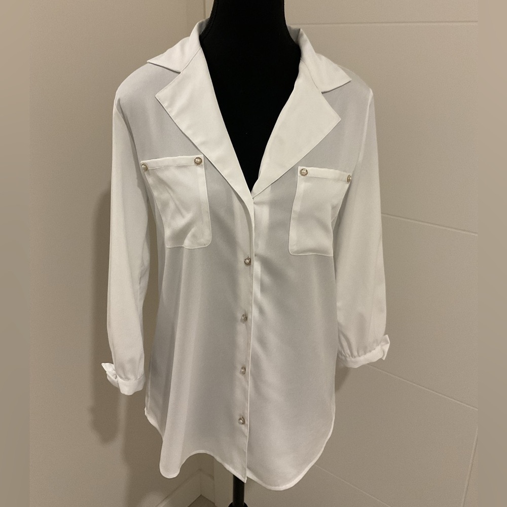 Karl Lagerfeld White 3/4 Sleeve with decorative Buttons  Down Shirt .